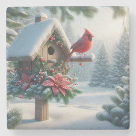 Winter-kardinal på ett Festive Birdhouse Stenunderlägg