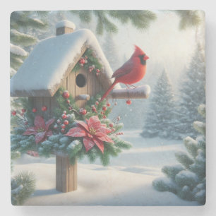 Winter-kardinal på ett Festive Birdhouse Stenunderlägg