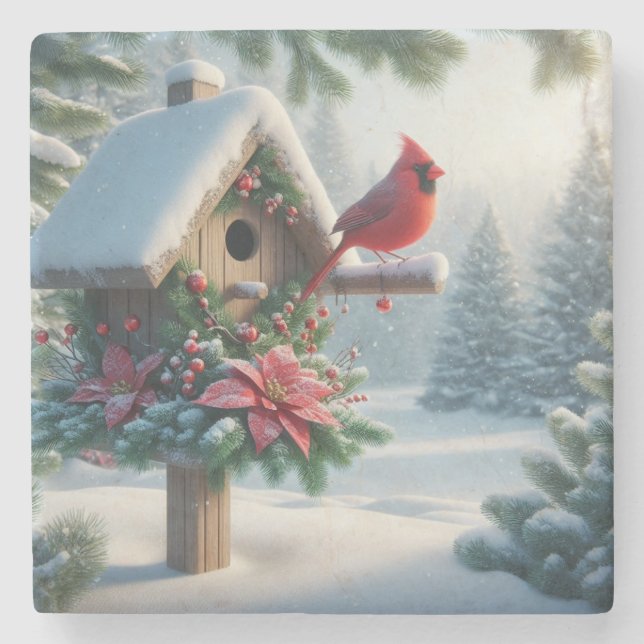 Winter-kardinal på ett Festive Birdhouse Stenunderlägg (Framsidan)