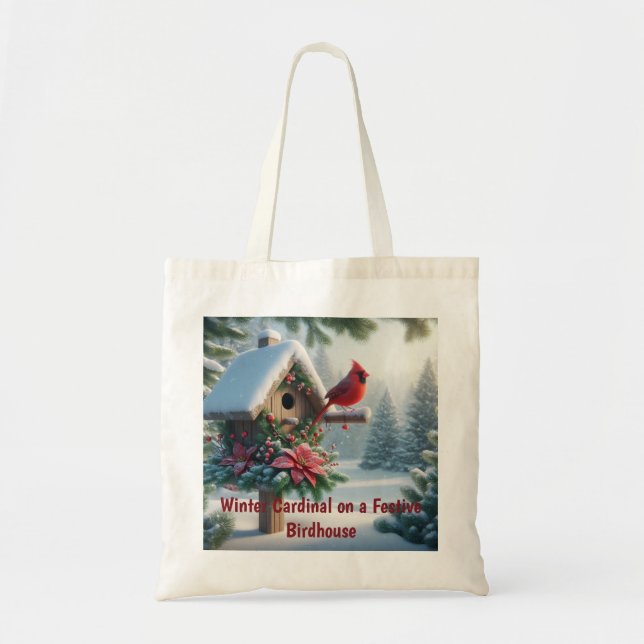 Winter-kardinal på ett Festive Birdhouse Tygkasse (Framsidan)