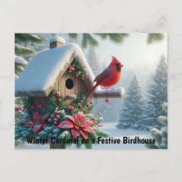 Winter-kardinal på ett Festive Birdhouse Vykort