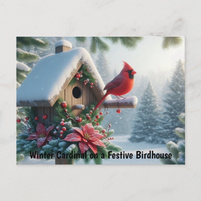 Winter-kardinal på ett Festive Birdhouse Vykort (Framsida)