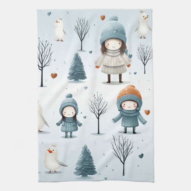 Winter Kids Playing Kökshandduk (Vertikal)