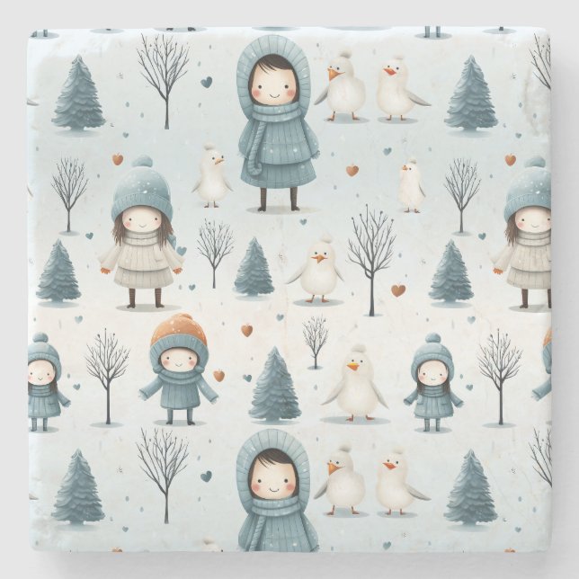 Winter Kids Playing Stenunderlägg (Framsidan)