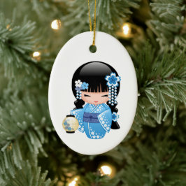 Winter Kokeshi Doll - Blue Kimono Geisha Girl Julgransprydnad Keramik