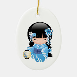 Winter Kokeshi Doll - Blue Kimono Geisha Girl Julgransprydnad Keramik