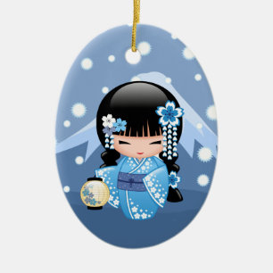 Winter Kokeshi Doll - Blue Mountain Geisha Girl Julgransprydnad Keramik