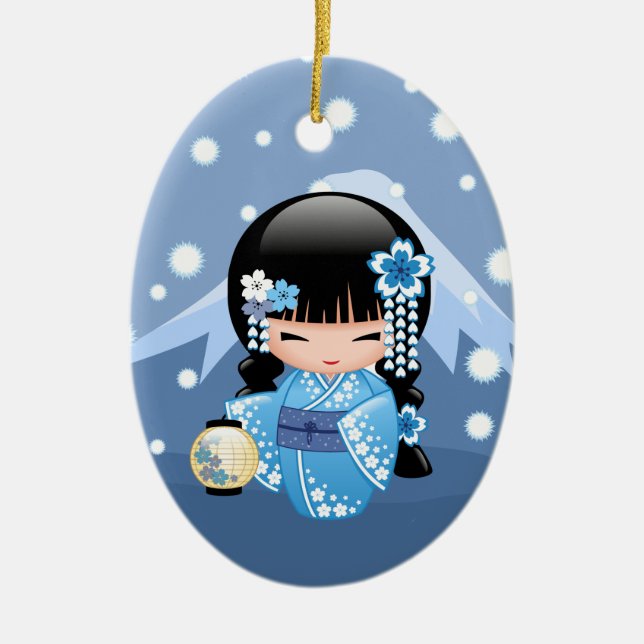 Winter Kokeshi Doll - Blue Mountain Geisha Girl Julgransprydnad Keramik (Framsidan)