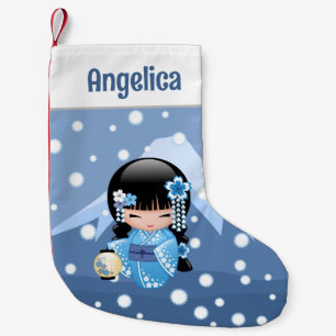 Winter Kokeshi Doll - Blue Mountain Geisha Girl Liten Julstrumpa
