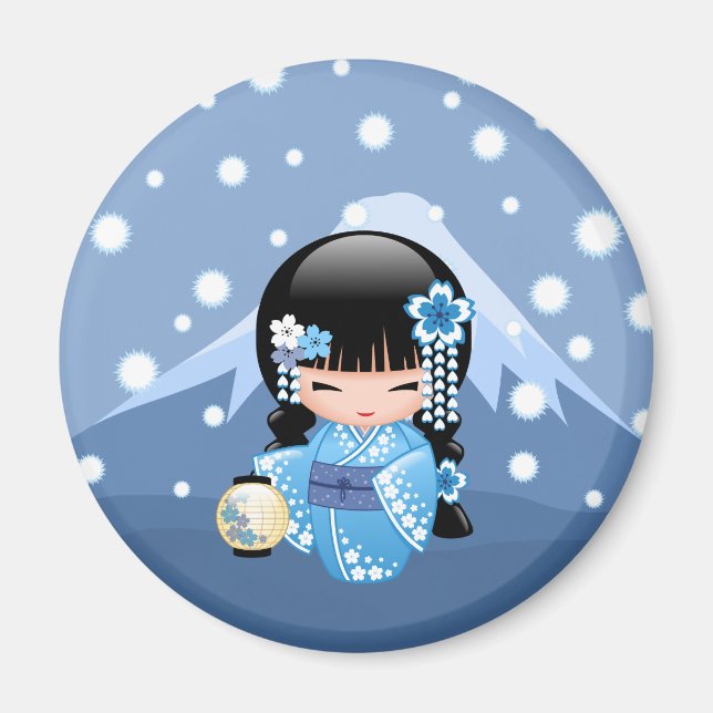 Winter Kokeshi Doll - Blue Mountain Geisha Girl Magnet (Framsidan)