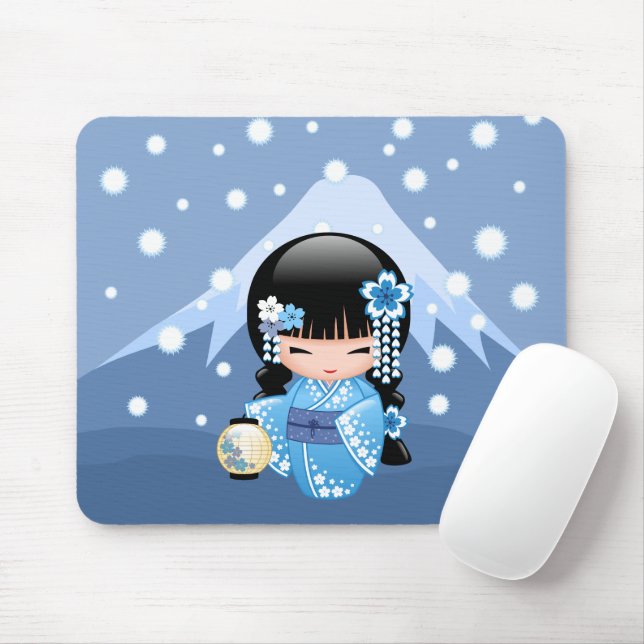 Winter Kokeshi Doll - Blue Mountain Geisha Girl Musmatta (Med mus)