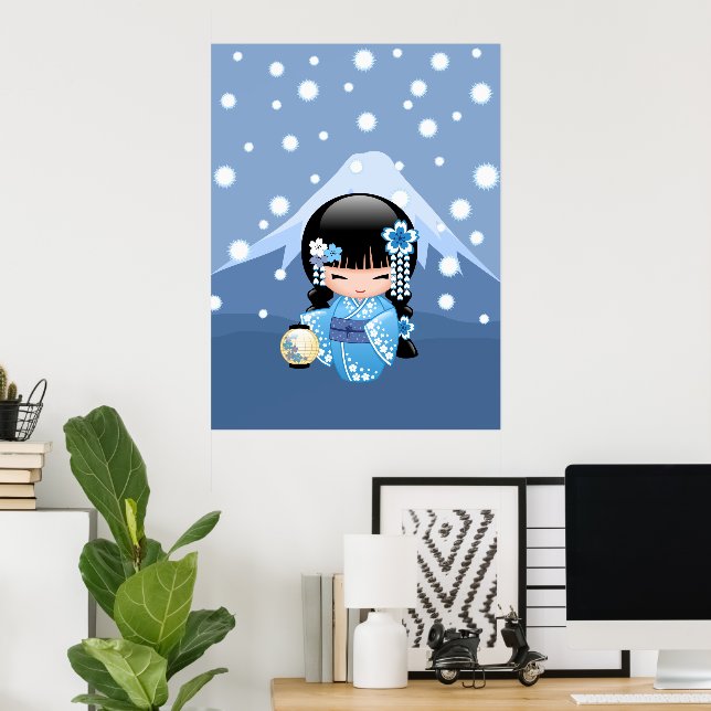 Winter Kokeshi Doll - Blue Mountain Geisha Girl Poster (Hemmakontoret)