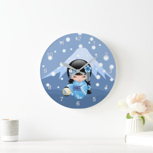 Winter Kokeshi Doll - Blue Mountain Geisha Girl Stor Klocka