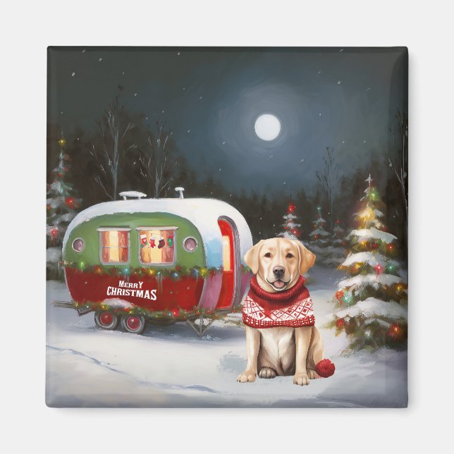 Winter Labrador Caravan jul Äventyr Magnet (Framsidan)