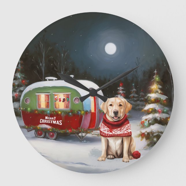 Winter Labrador Caravan jul Äventyr Stor Klocka (Framsida)
