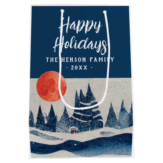 Winter Landscape Forest Moon Navy Blue Drawing  (Baksidan)