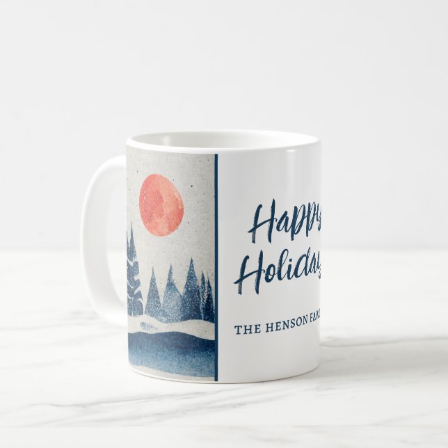 Winter Landscape Forest Moon Navy Blue Drawing  Kaffemugg (Framsida vänster)