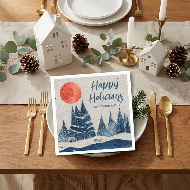 Winter Landscape Forest Moon Navy Blue Drawing  Pappersservett (Skapare uppladdad)