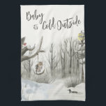 Winter Ligcape Baby sitt Kall utanför Kökshandduk<br><div class="desc">Kökshandduk för vinterlandskap,  med texten "baby är det Kall utanför" i trendigets manustypografi. I detta land-projekt finns en vattenfärgscen av ett snöskog väg,  ett sjö med anka,  ett rån och ett uggla vid träd.</div>