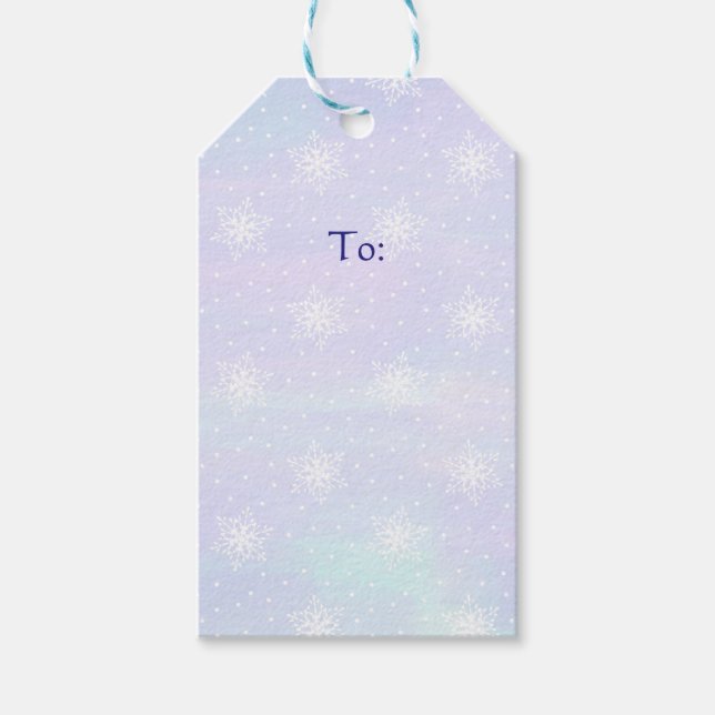 Winter Lila Blå himmel White Snöflingor Polka dots Presentetikett (Framsidan)