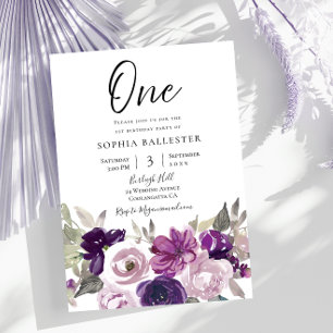 Winter Lila Lavender Blommigt 1:a födelsedag Party Inbjudningar