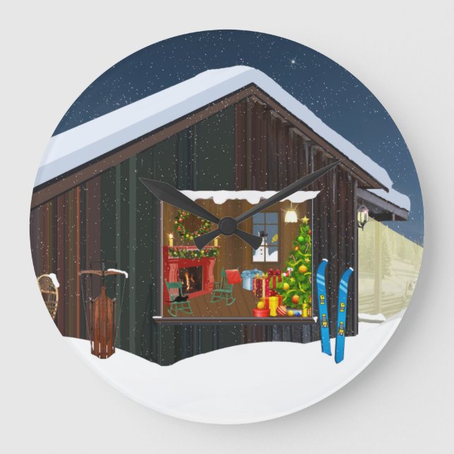WINTER LOG CABIN SCENE WALL CLOCK STOR KLOCKA (Framsida)