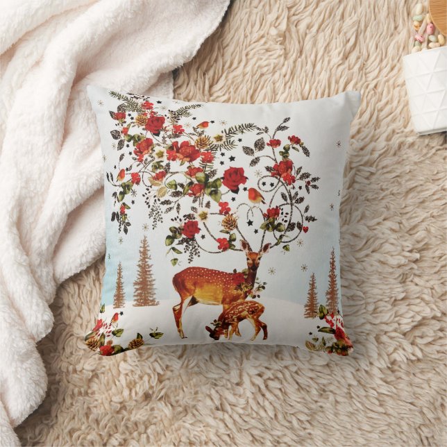 Winter Love Bird Julgran Watercolor Kudde (Filt)