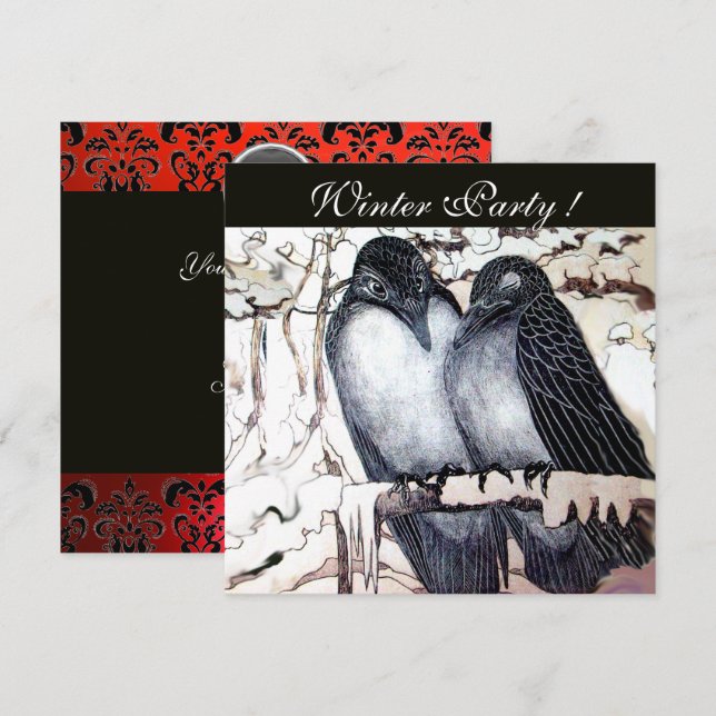 WINTER LOVE BIRDS BLACK WHITRED DAMASK MONOGRAM INBJUDNINGAR (Fram/baksida)