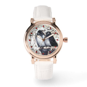 WINTER LOVE BIRDS I SNÖ Black and White Teckning Armbandsur