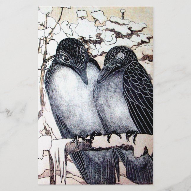 WINTER LOVE BIRDS I SNÖ Black and White Teckning Brevpapper (Framsida)