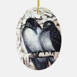 WINTER LOVE BIRDS I SNÖ Black and White Teckning Julgransprydnad Keramik