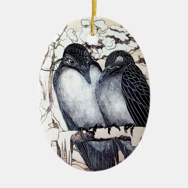 WINTER LOVE BIRDS I SNÖ Black and White Teckning Julgransprydnad Keramik (Framsidan)