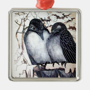 WINTER LOVE BIRDS I SNÖ Black and White Teckning Julgransprydnad Metall