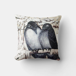 WINTER LOVE BIRDS I SNÖ Black and White Teckning Kudde