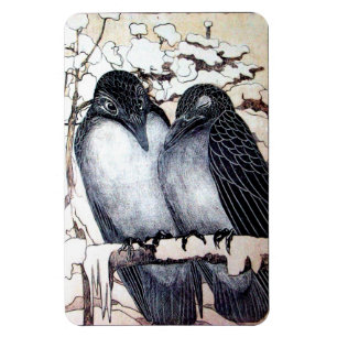 WINTER LOVE BIRDS I SNÖ Black and White Teckning Magnet