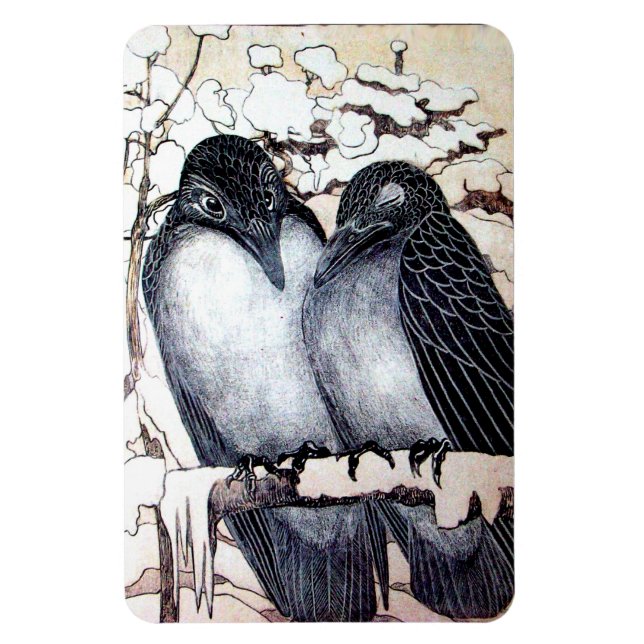 WINTER LOVE BIRDS I SNÖ Black and White Teckning Magnet (Vertikal)