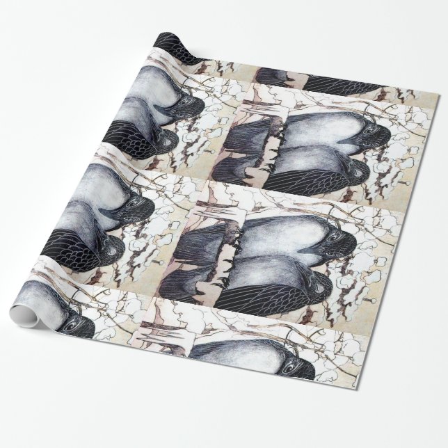 WINTER LOVE BIRDS I SNÖ Black and White Teckning Presentpapper (Utrullad)