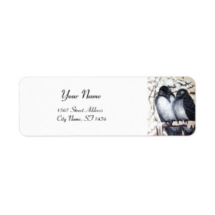 WINTER LOVE BIRDS I SNÖ Black and White Teckning Returadress Etikett