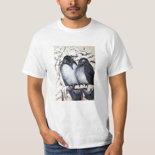 WINTER LOVE BIRDS I SNÖ Black and White Teckning T-shirt (Framsida)