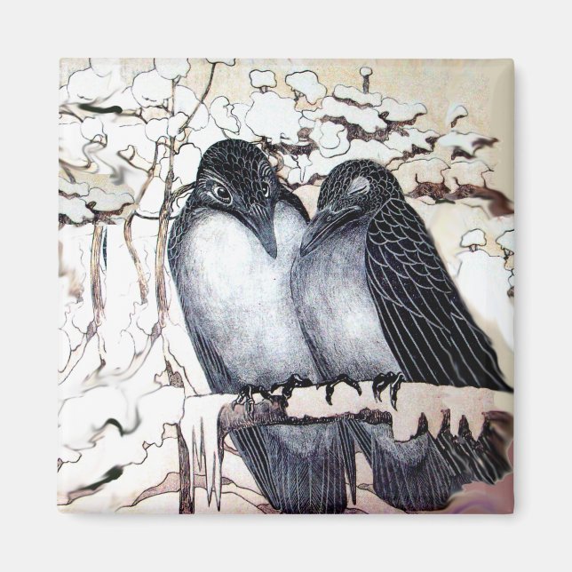 WINTER LOVE BIRDS I SNÖ Black White Magnet (Framsidan)