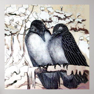 WINTER LOVE BIRDS I SNÖ Black White Poster