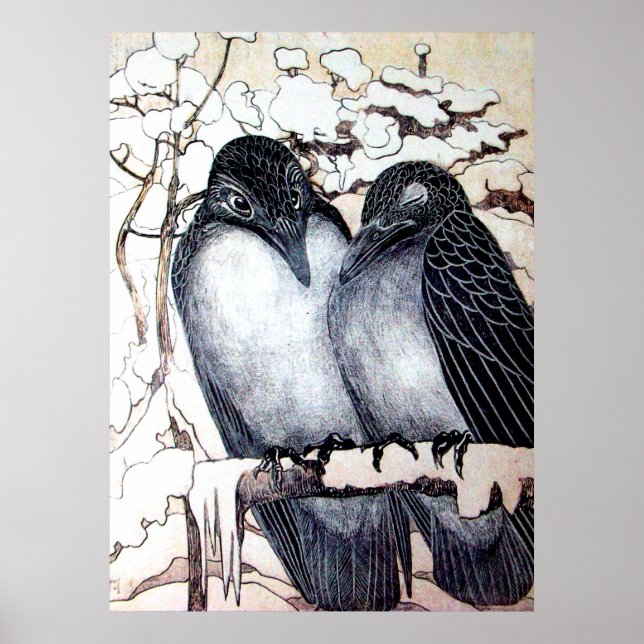 WINTER LOVE BIRDS I SNÖ Black White Poster (Framsidan)