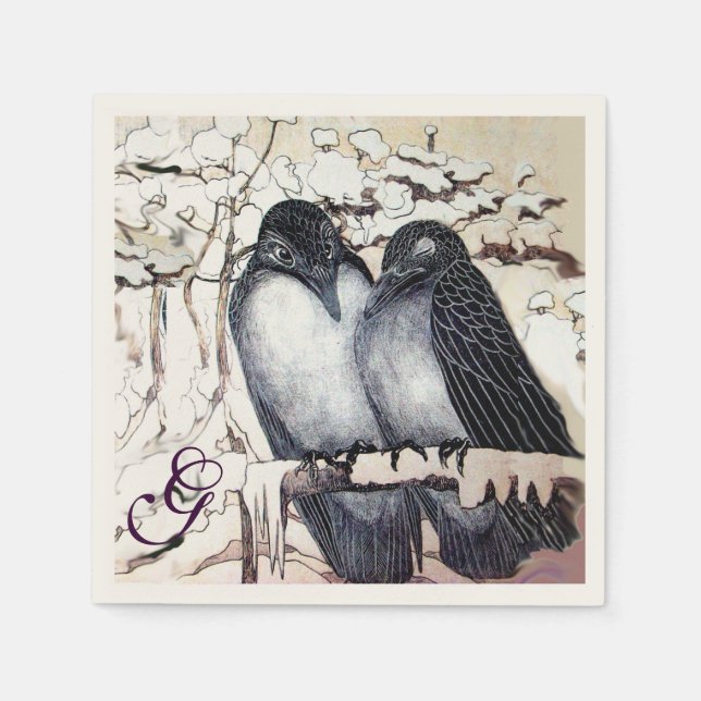 WINTER LOVE BIRDS I SNÖ MONOGRAM Black White Pappersservett (Framsidan)