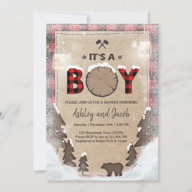 Winter Lumberjack Baby Shower Rustic boy Play Inbjudningar (Framsida)