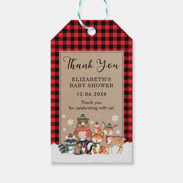 Winter Lumberjack Woodland Animals Tack Favor Presentetikett (Framsidan)