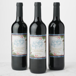 "Winter Magic" Trendig Blue Gingham Holly jul Vinflaska Etikett