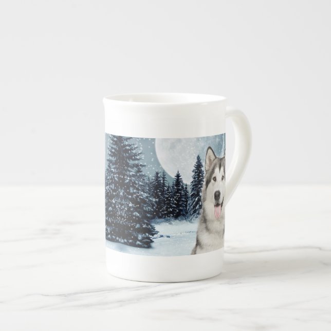 Winter Måne Husky Bone China Mugg Benporslin Mugg (Framsida höger)