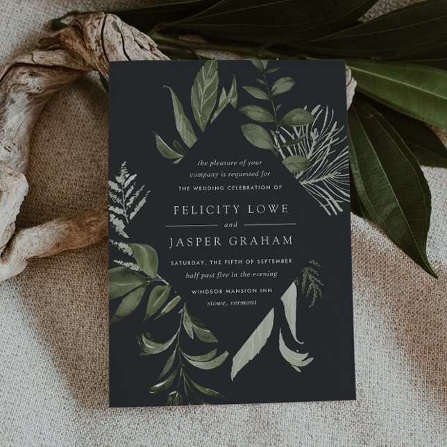 Winter Meadow | Grönt Vattenfärgning Foliage Bröll Inbjudningar (Dark moody botanical wedding invitations)