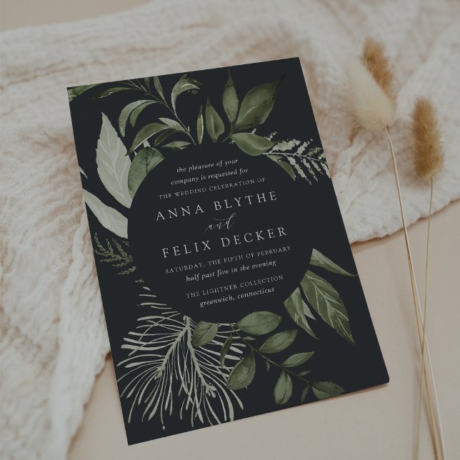 Winter Meadow Grönten Botanical Bröllop Inbjudningar (Dark moody botanical wedding invitations)