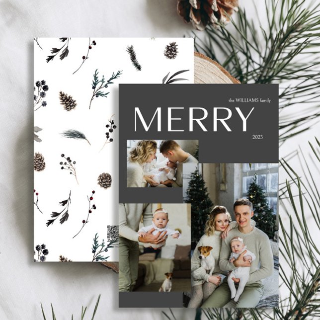 Winter Merry 3 Photo Modern Black Watercolor Julkort (Personalize this Holiday Card easily with your name and photo!)